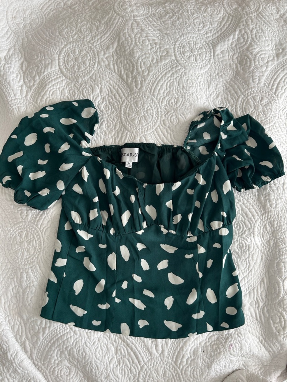 Dark Green Puff-Sleeve Blouse with Ivory Spot Print